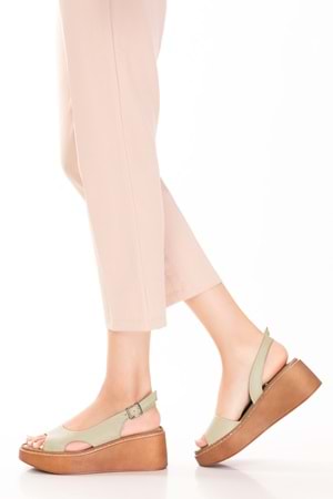 Gondol Hakiki Deri Platform Tabanlı Sandalet asy.991 - Su Yeşili - 37