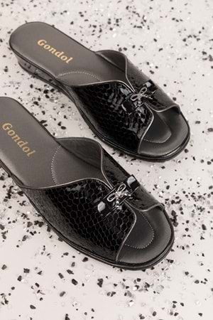 Gondol Hakiki Deri Şık Ev Terliği Blc.795 - Siyah Petek - 35