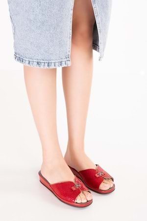 Gondol Hakiki Deri Şık Ev Terliği Blc.795 - Kırmızı Petek - 35