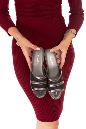 Gondol Hakiki Deri Fileli Şık Atom Ev Terliği Blc.26 - Platin - 35