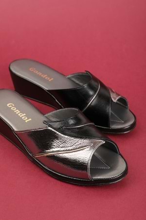 Gondol Hakiki Deri Şık Atom Ev Terliği Blc.17 - Siyah-Platin - 38