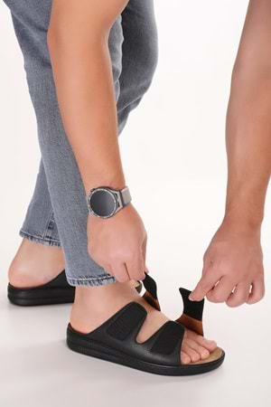 Gondol Erkek Hakiki Deri Tabanı Çıkabilen Özel Cırtlı Terlik rl.5300 - Siyah - 41