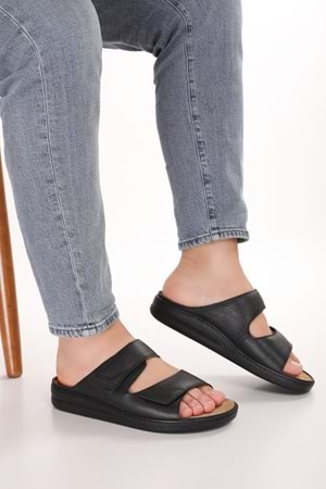 Gondol Erkek Hakiki Deri Tabanı Çıkabilen Özel Cırtlı Terlik rl.5300 - Siyah - 41