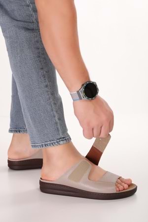 Gondol Erkek Hakiki Deri Tabanı Çıkabilen Özel Cırtlı Terlik rl.5302 - Vizon - 40