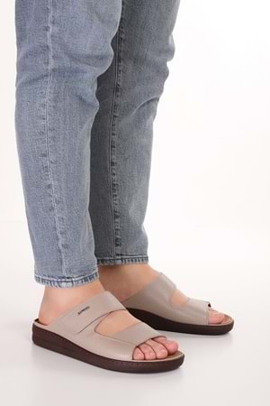 Gondol Erkek Hakiki Deri Tabanı Çıkabilen Özel Cırtlı Terlik rl.5302 - Vizon - 40