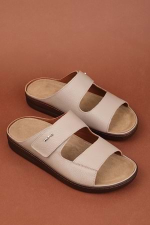 Gondol Erkek Hakiki Deri Tabanı Çıkabilen Özel Cırtlı Terlik rl.5302 - Vizon - 41