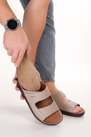 Gondol Erkek Hakiki Deri Tabanı Çıkabilen Özel Cırtlı Terlik rl.5302 - Vizon - 41