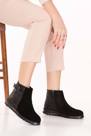 Gondol Hakiki Deri Kaymaz Taban Rahat Günlük Şık Bot mlk.817 - Siyah Süet - 36