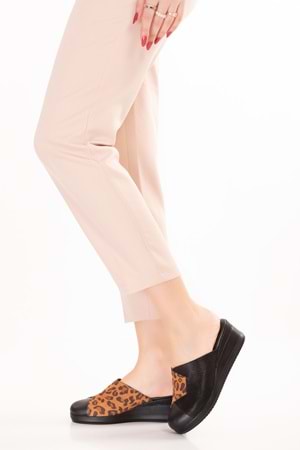 Gondol Kadın Hakiki Deri Dolgu Topuk Leopar Detaylı Sabo Terlik özl.81 - Taba Leopar - 36