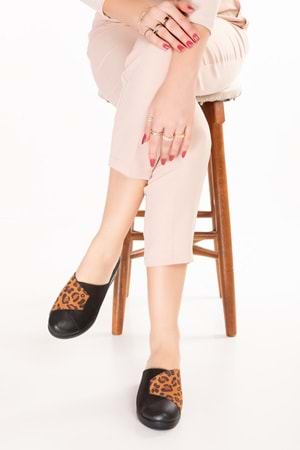 Gondol Kadın Hakiki Deri Dolgu Topuk Leopar Detaylı Sabo Terlik özl.81 - Taba Leopar - 41