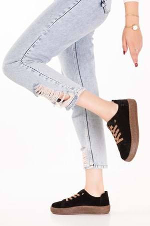 Gondol Hakiki Deri Günlük Rahat Lastik Bağcıklı Casual Ayakkabı in.525 - Siyah Süet - 36