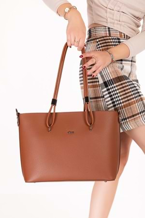 Gondol Kadın Çift Bölmeli El ve Omuz Çantası ald.6753 - Taba - TEK EBAT