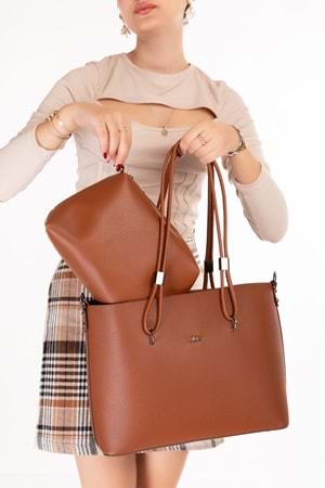 Gondol Kadın Çift Bölmeli El ve Omuz Çantası ald.6753 - Taba - TEK EBAT