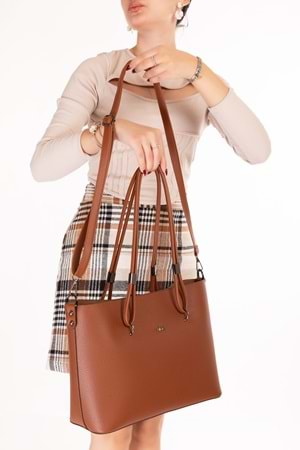 Gondol Kadın Çift Bölmeli El ve Omuz Çantası ald.6753 - Taba - TEK EBAT