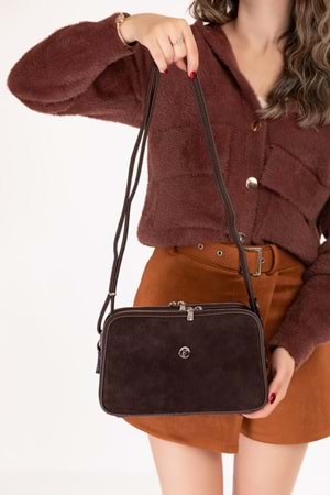 Gondol Kadın Süet Deri Günlük Çapraz Omuz Çantası gp.1321 - Kahve Süet - TEK EBAT