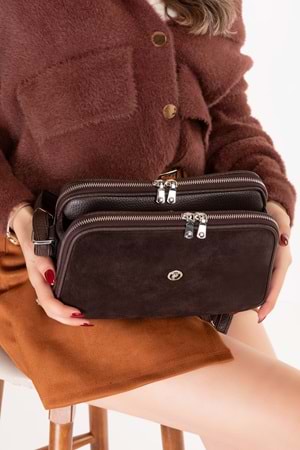 Gondol Kadın Süet Deri Günlük Çapraz Omuz Çantası gp.1321 - Kahve Süet - TEK EBAT