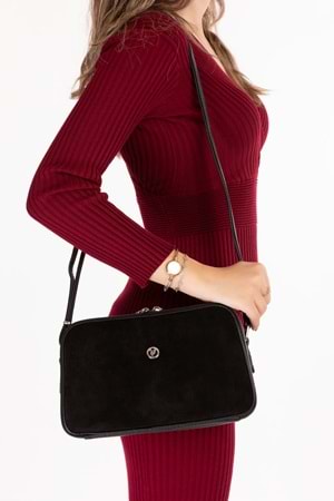 Gondol Kadın Süet Deri Günlük Çapraz Omuz Çantası gp.1321 - Siyah Süet - TEK EBAT