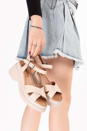 Gondol Hakiki Deri Günlük Çapraz Bant Sandalet erp.751 - Bej - 36