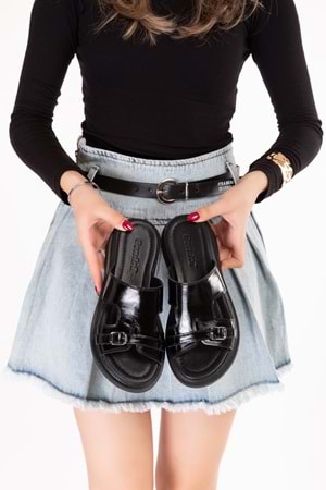 Gondol Hakiki Deri Raht Modern Günlük Terlik ez.6113mt - Siyah Rugan - 36