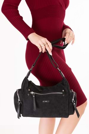 Gondol Kadın Kullanışlı Günlük Çanta ald.80735 - Siyah Süet - TEK EBAT