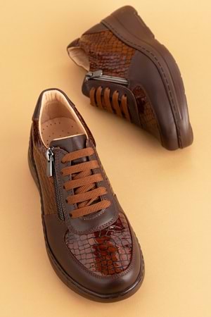 Gondol Hakiki Deri Anatomik Taban Rahat Fermuarlı Ayakkabı ndr.3802 - Kahve Croco - 36