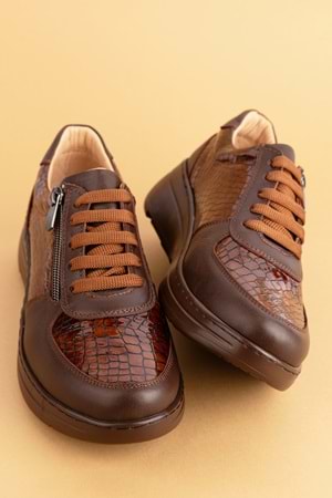 Gondol Hakiki Deri Anatomik Taban Rahat Fermuarlı Ayakkabı ndr.3802 - Kahve Croco - 36