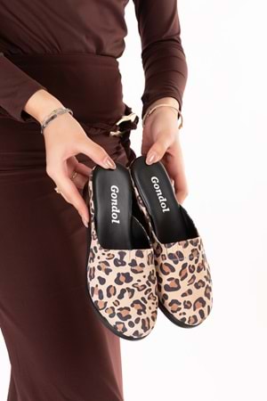 Gondol Kadın Hakiki Deri Dolgu Topuk Sabo Terlik özl.906YT - Bej Leopar - 36