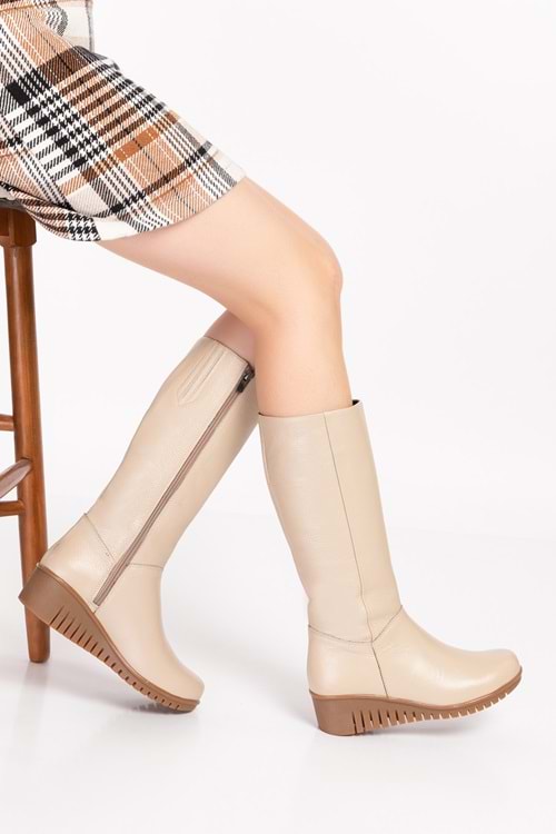 Gondol Hakiki Deri Sıcak İç Astar Dolgu Taban Çizme-gndl.2007 - Bej - 36