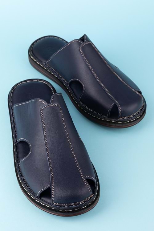 Gondol Hakiki Deri Önü Kapalı Yumusak Taban Terlik kml.103 - Lacivert Cilt - 40