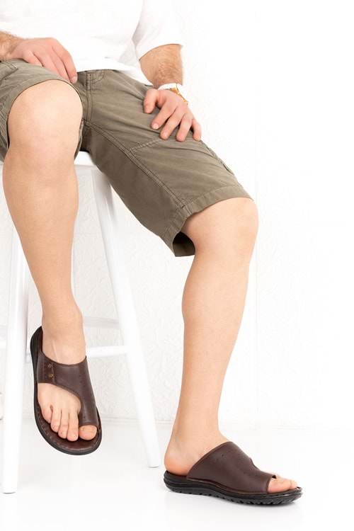 Gondol Erkek Hakiki Deri Parmak Arası Terlik kml.216 - Kahverengi - 40