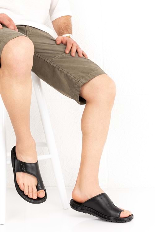 Gondol Erkek Hakiki Deri Parmak Arası Terlik kml.216 - Siyah - 40