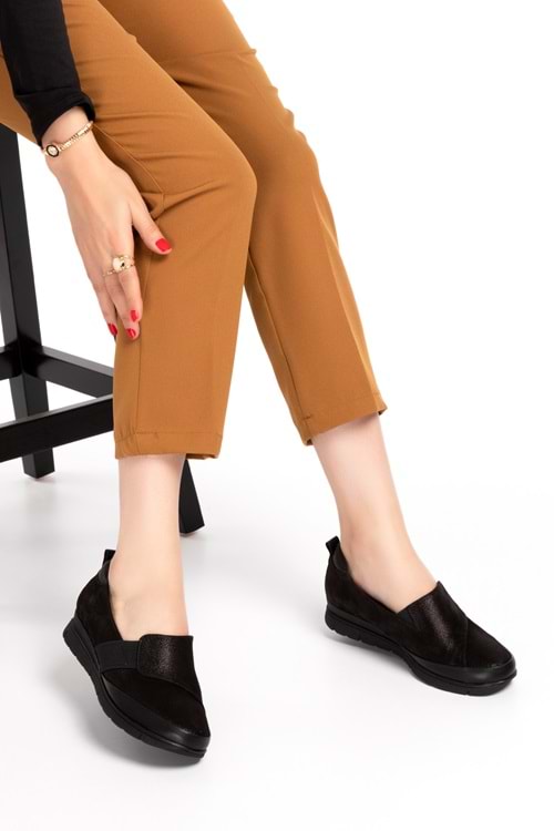 Gondol Kadın Hakiki Deri Anatomik Yumuşak Taban Günlük Ayakkabı pyt.1205 - Siyah Sim - 39