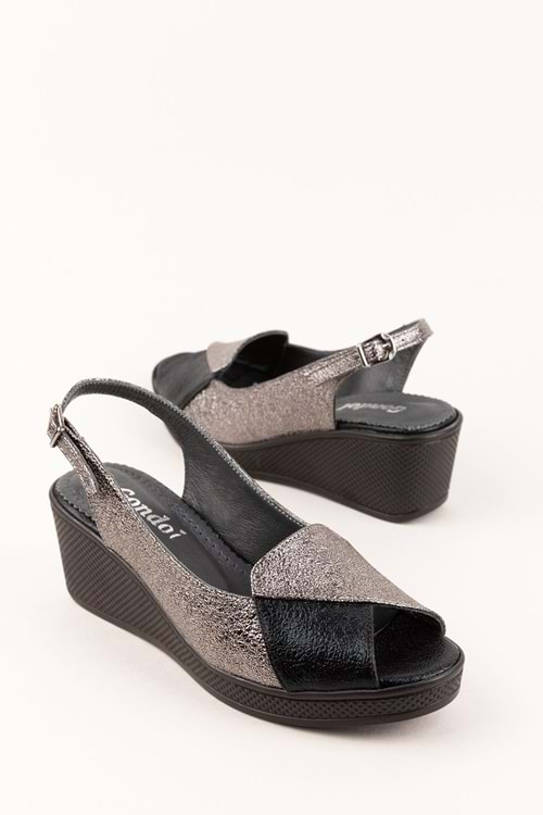 Gondol Kadın İçi Hakiki Deri Günlük Sandalet mik.2900 - Siyah-Platin - 36