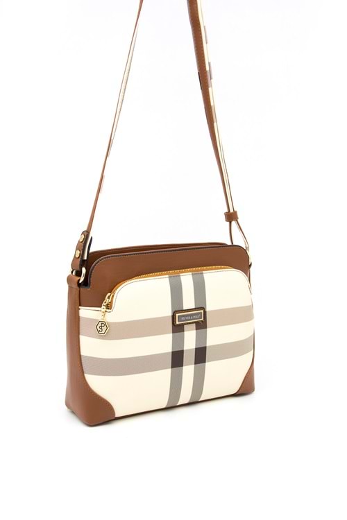 Silver Polo Kadın Tek Bölmeli Ekose Desen Çapraz Çanta sp.364 - Krem Ekose - MK48