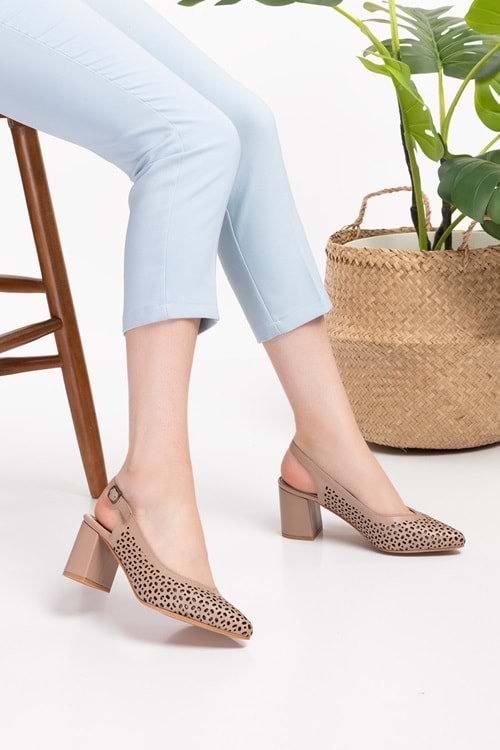 Gondol Hakiki Deri Lazer Kesim Şık Topuklu Ayakkabı şhn.876 - Vizon - 35