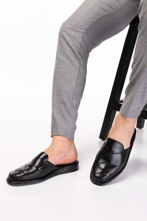 Gondol Erkek Hakiki Deri Damat Ev Terliği kayaş.105 - Siyah - 44