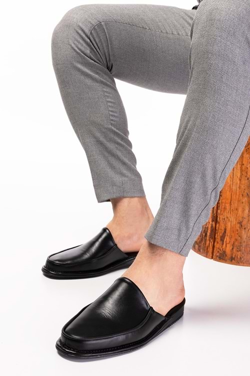 Gondol Erkek Hakiki Deri Damat Ev Terliği kayaş.2200 - Siyah - 41