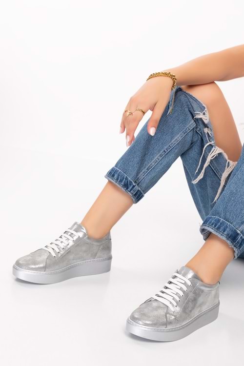 Gondol Hakiki Deri Anatomik Taban Spor Ayakkabı ell.6839 - Platin - 37