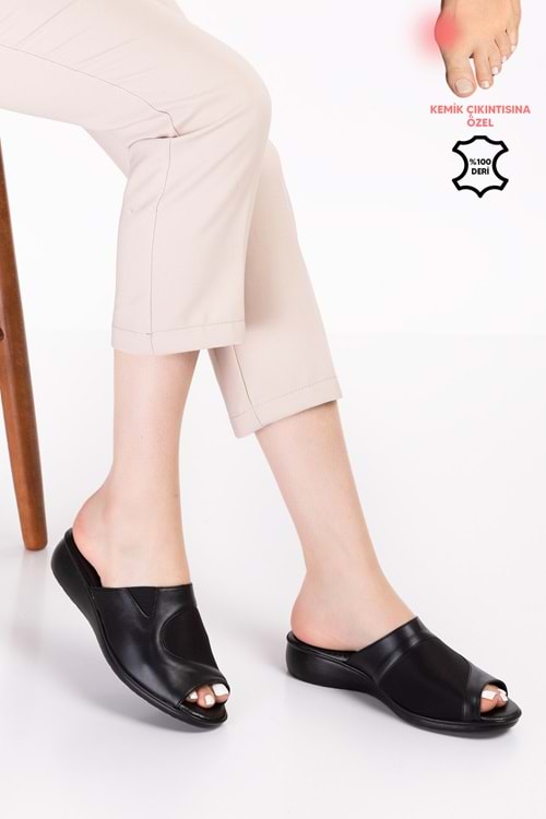 Gondol Hakiki Deri Kemik Çıkıntısına Özel Rahat Terlik özl.555 - Siyah - 36