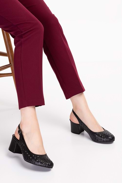 Gondol Hakiki Deri Lazer Kesim Şık Topuklu Ayakkabı şhn.882 - Siyah - 34