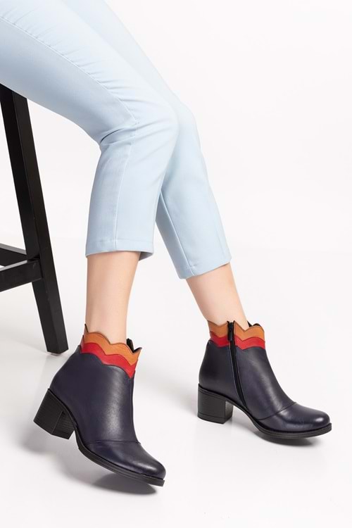 Gondol Kadın Hakiki Deri Kaymaz Taban Topuklu Bot okn.1064 - Lacivert - 36