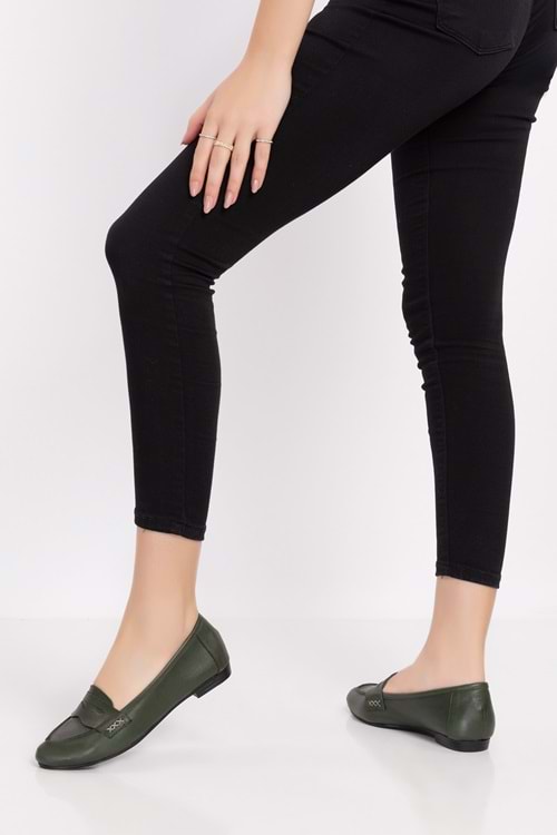 Gondol Kadın Hakiki Deri Loafer Babet Anl.6184 - Haki - 41