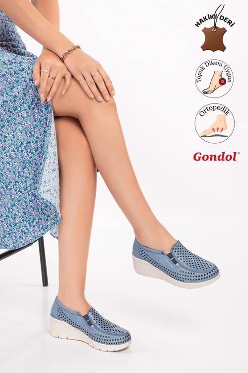 Gondol Hakiki Deri Dolgu Taban Rahat Yazlık Ayakkabı esfa.4001 - Mavi - 35