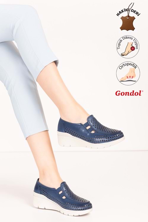 Gondol Hakiki Deri Dolgu Taban Rahat Yazlık Ayakkabı esfa.4001 - Lacivert - 36
