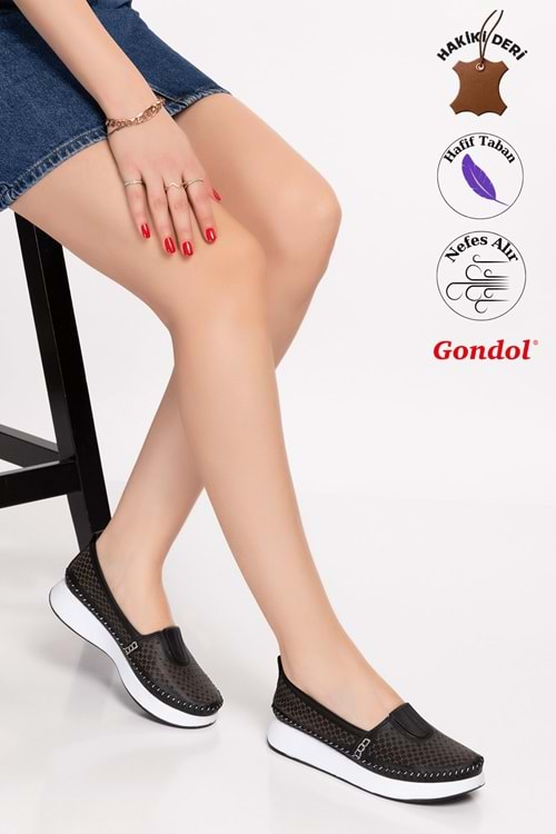 Gondol Hakiki Deri Rahat Yazlık Ayakkabı kla.14 - Siyah - 36