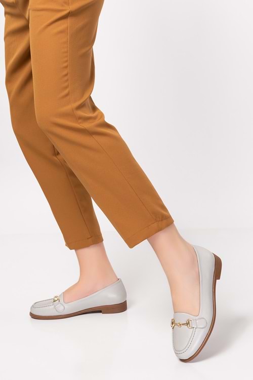 Gondol Hakiki Deri Kadın Günlük Loafer vdt.851 - Buz Gri - 35