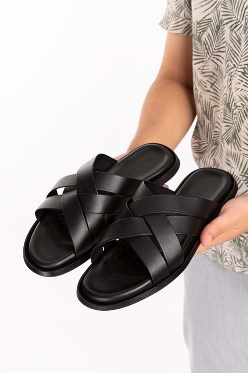 Gondol Erkek Hakiki Deri Günlük Klasik Terlik esm.402 - Siyah - 40