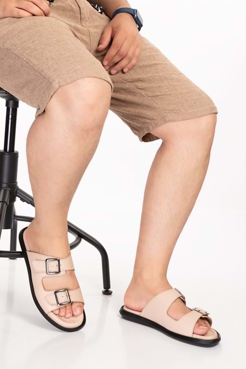 Gondol Erkek Hakiki Deri Günlük Klasik Tokalı Terlik esm.610 - Bej - 40