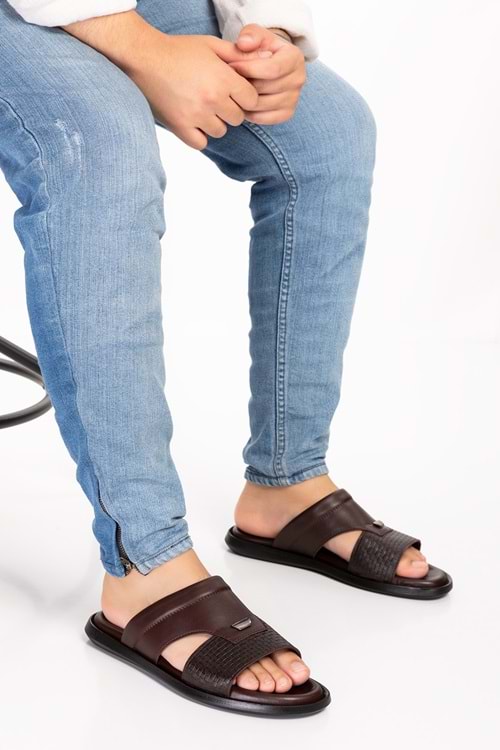 Gondol Erkek Hakiki Deri Günlük Klasik Terlik esm.017 - Kahverengi - 40