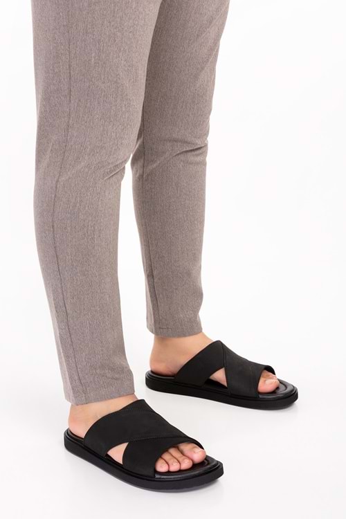 Gondol Erkek Hakiki Deri Çapraz Bant Terlik esm.303 - Siyah - 42